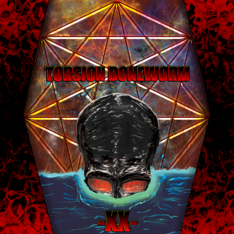 A skull with glowing eyes surrounded by a geometric design and dark, abstract background.